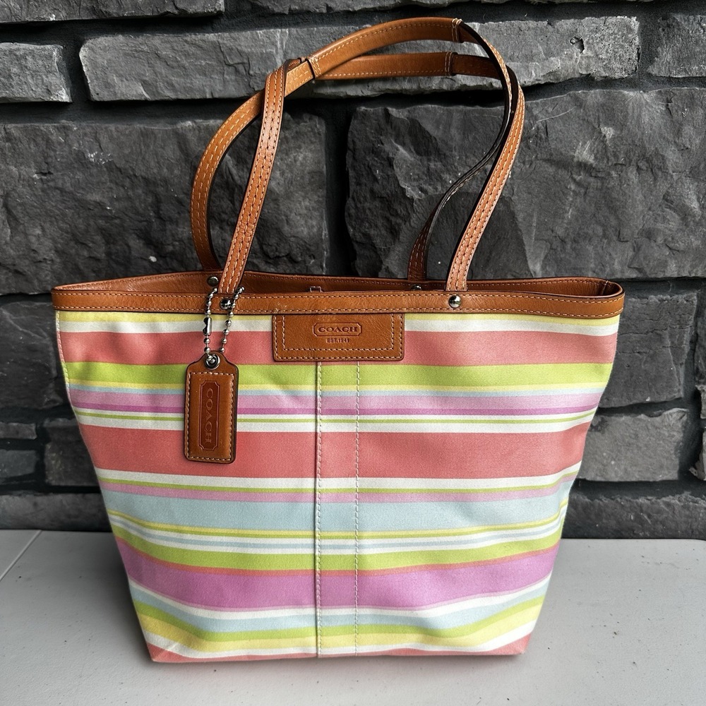 Vintage Coach Hampton Pastel Multi Colored Stripe Canvas Purse Tote Bag